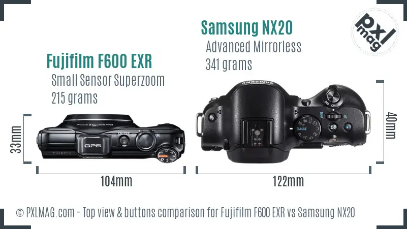 Fujifilm F600 EXR vs Samsung NX20 top view buttons comparison