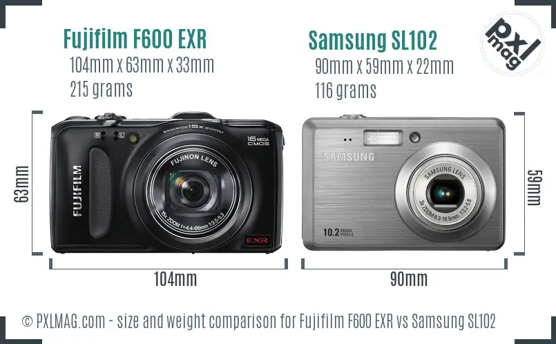 Fujifilm F600 EXR vs Samsung SL102 size comparison