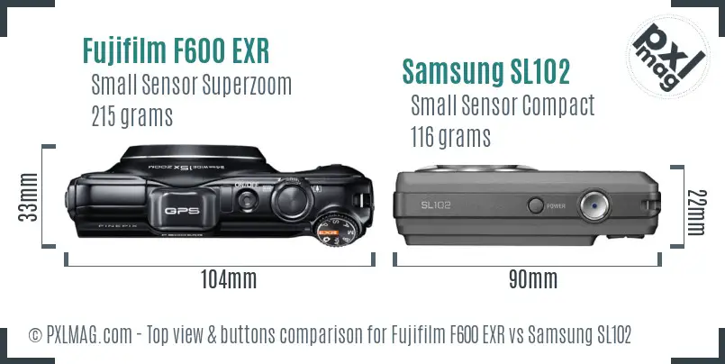 Fujifilm F600 EXR vs Samsung SL102 top view buttons comparison