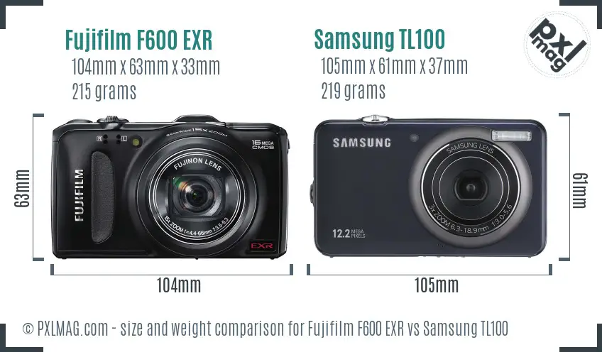 Fujifilm F600 EXR vs Samsung TL100 size comparison