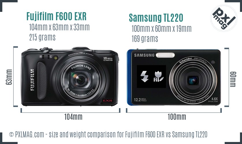 Fujifilm F600 EXR vs Samsung TL220 size comparison