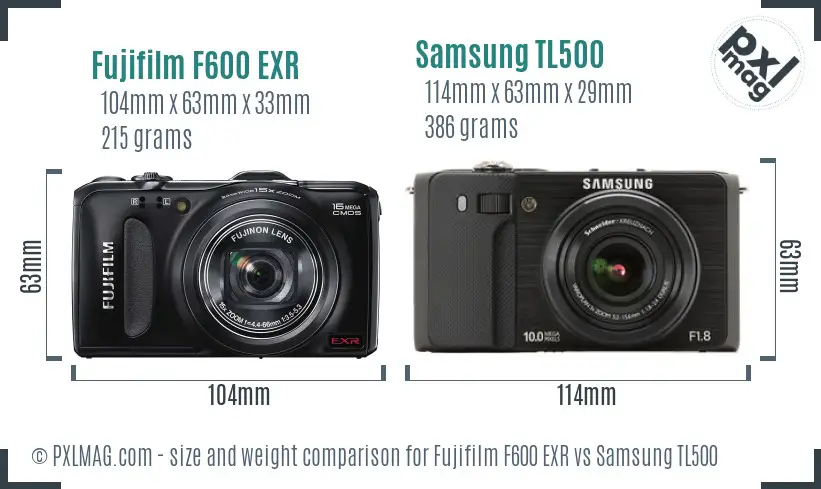 Fujifilm F600 EXR vs Samsung TL500 size comparison