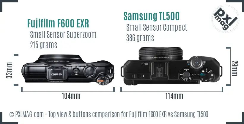 Fujifilm F600 EXR vs Samsung TL500 top view buttons comparison