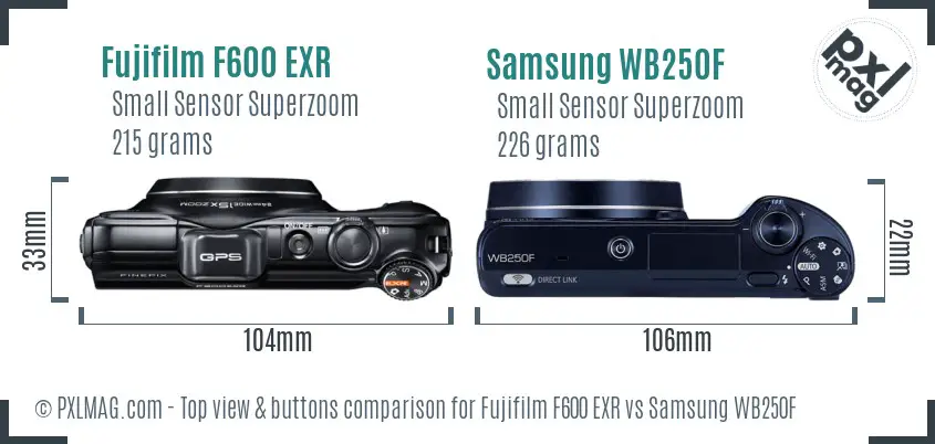 Fujifilm F600 EXR vs Samsung WB250F top view buttons comparison