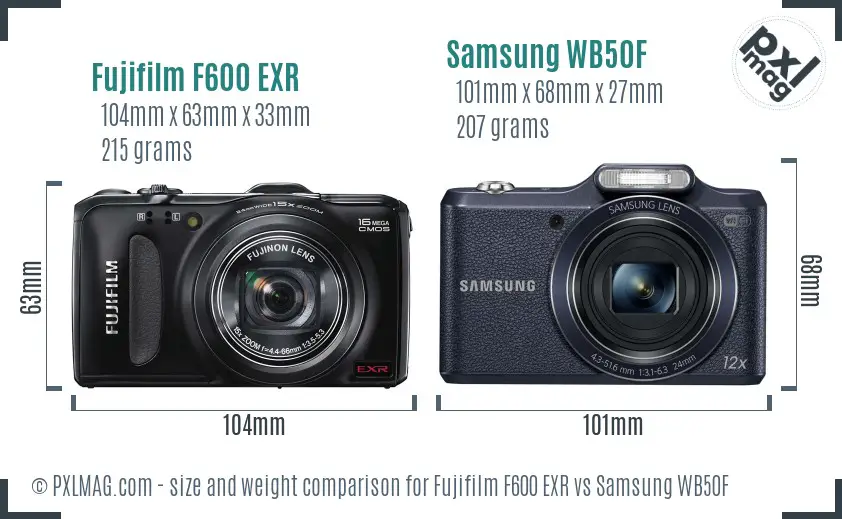 Fujifilm F600 EXR vs Samsung WB50F size comparison
