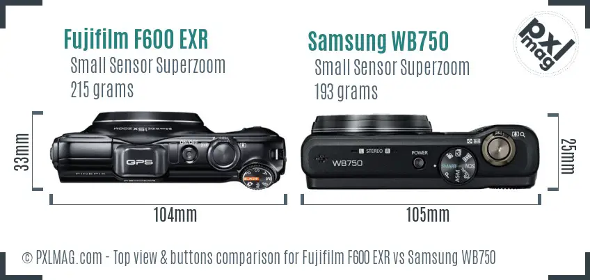Fujifilm F600 EXR vs Samsung WB750 top view buttons comparison