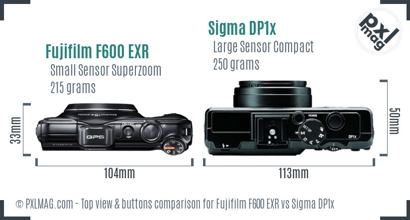 Fujifilm F600 EXR vs Sigma DP1x top view buttons comparison
