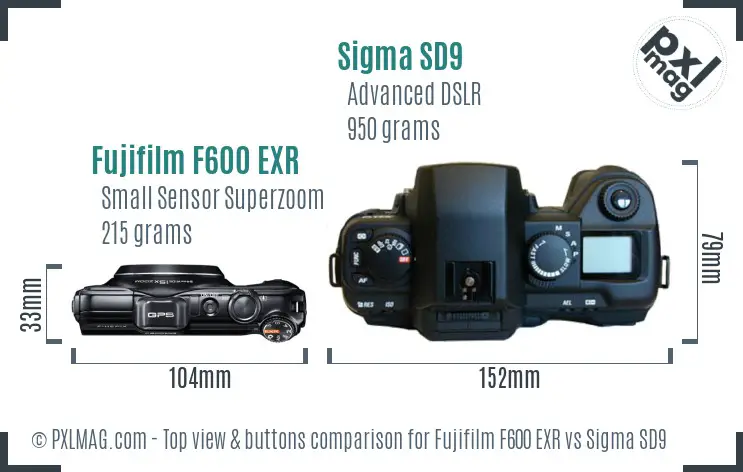 Fujifilm F600 EXR vs Sigma SD9 top view buttons comparison