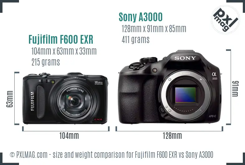 Fujifilm F600 EXR vs Sony A3000 size comparison