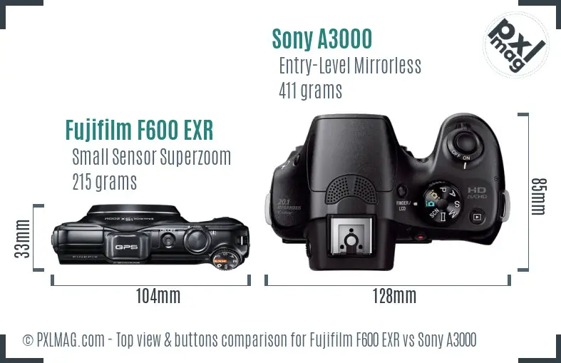 Fujifilm F600 EXR vs Sony A3000 top view buttons comparison