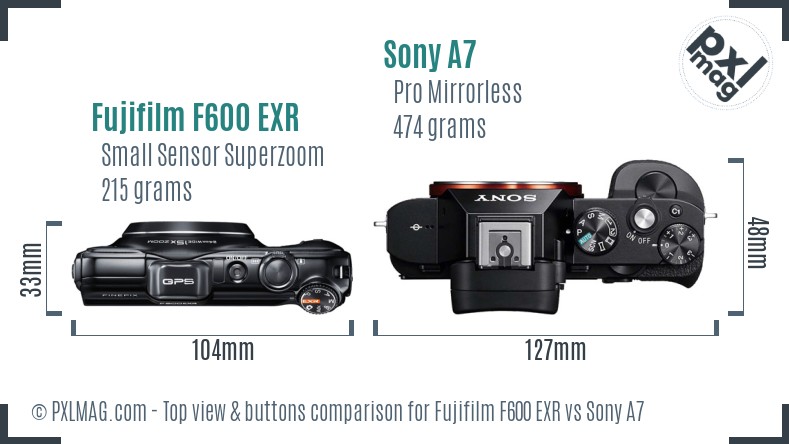 Fujifilm F600 EXR vs Sony A7 top view buttons comparison