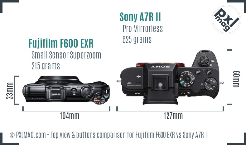 Fujifilm F600 EXR vs Sony A7R II top view buttons comparison