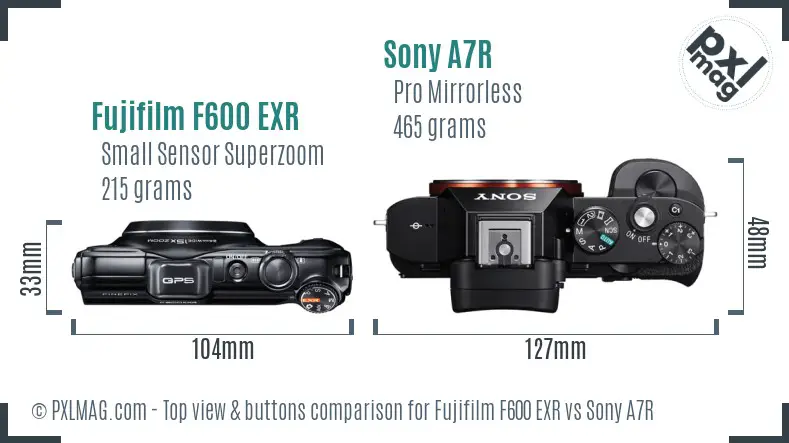 Fujifilm F600 EXR vs Sony A7R top view buttons comparison