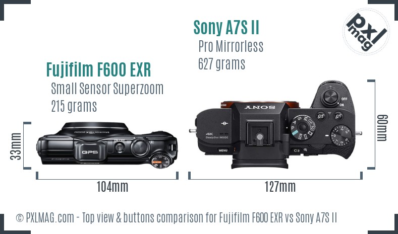 Fujifilm F600 EXR vs Sony A7S II top view buttons comparison