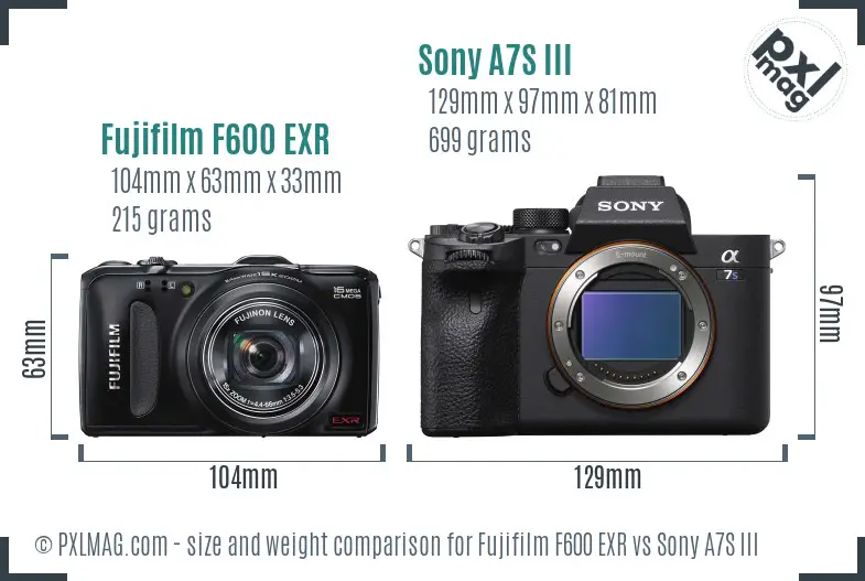 Fujifilm F600 EXR vs Sony A7S III size comparison