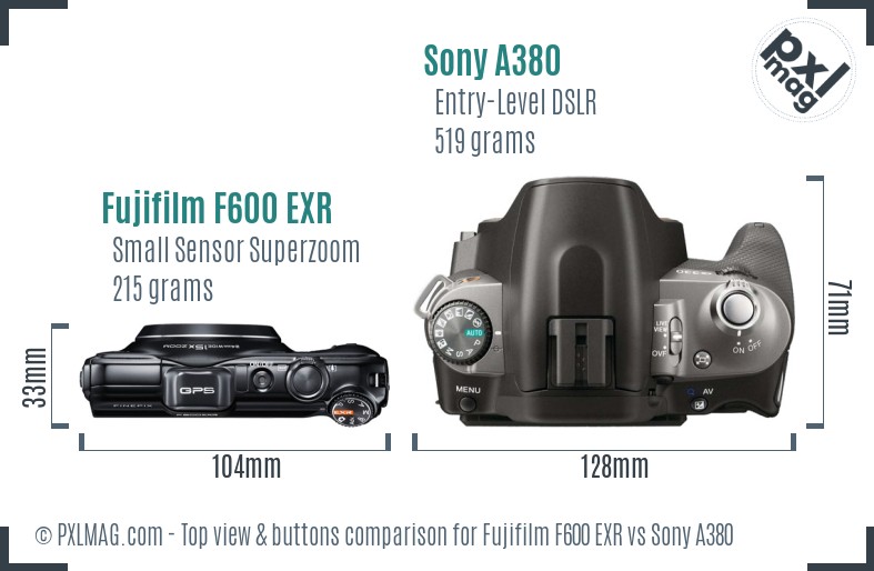 Fujifilm F600 EXR vs Sony A380 top view buttons comparison