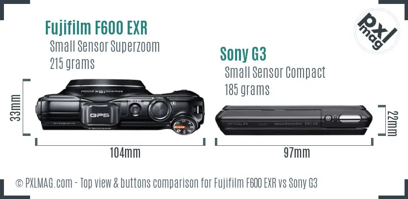 Fujifilm F600 EXR vs Sony G3 top view buttons comparison Fujifilm F600 EXR vs Sony G3 top view buttons comparison