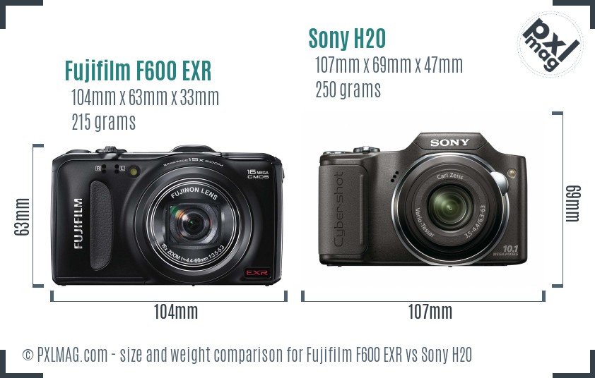Fujifilm F600 EXR vs Sony H20 size comparison
