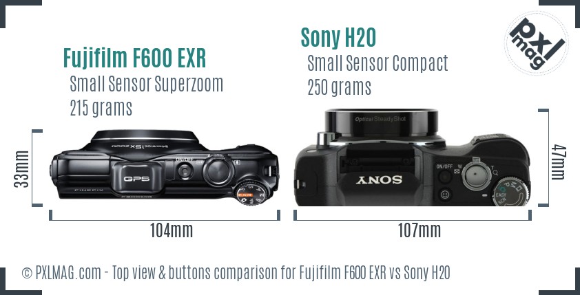 Fujifilm F600 EXR vs Sony H20 top view buttons comparison