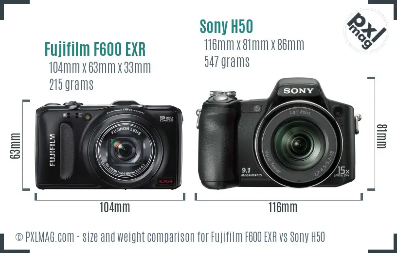 Fujifilm F600 EXR vs Sony H50 size comparison