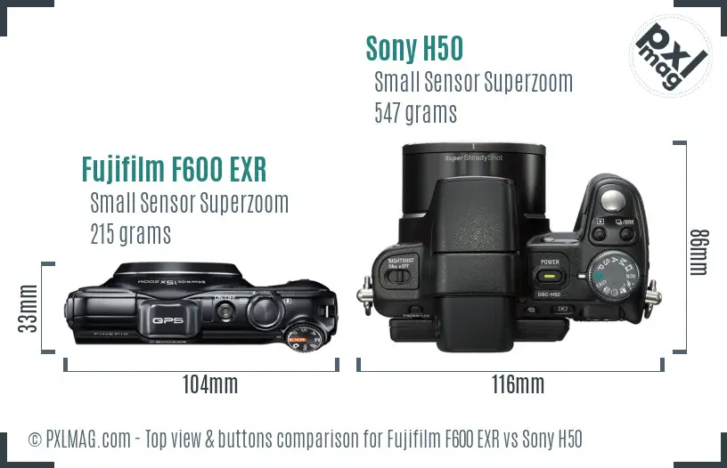 Fujifilm F600 EXR vs Sony H50 top view buttons comparison