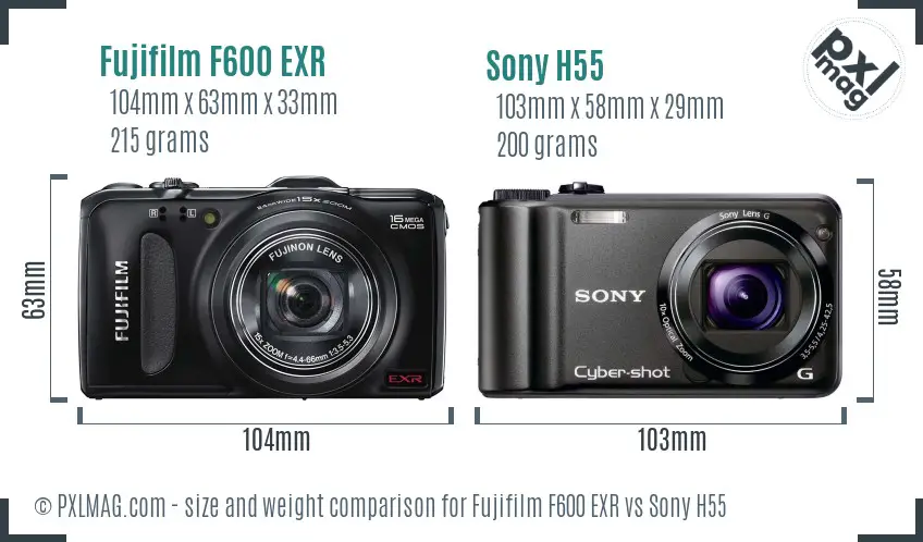 Fujifilm F600 EXR vs Sony H55 size comparison