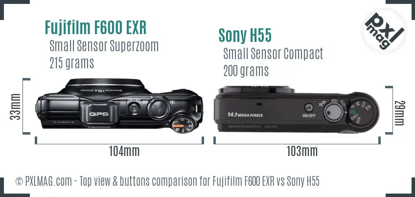 Fujifilm F600 EXR vs Sony H55 top view buttons comparison