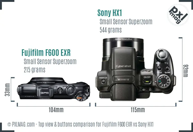 Fujifilm F600 EXR vs Sony HX1 top view buttons comparison