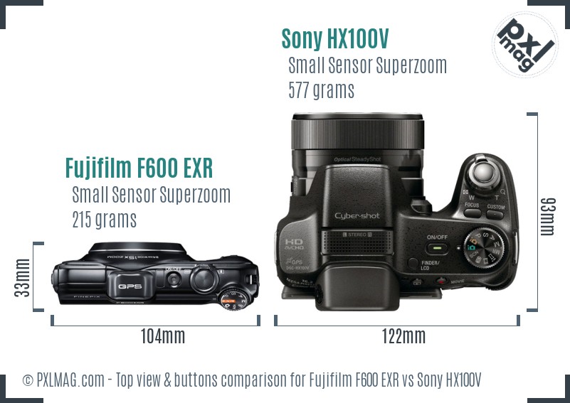 Fujifilm F600 EXR vs Sony HX100V top view buttons comparison