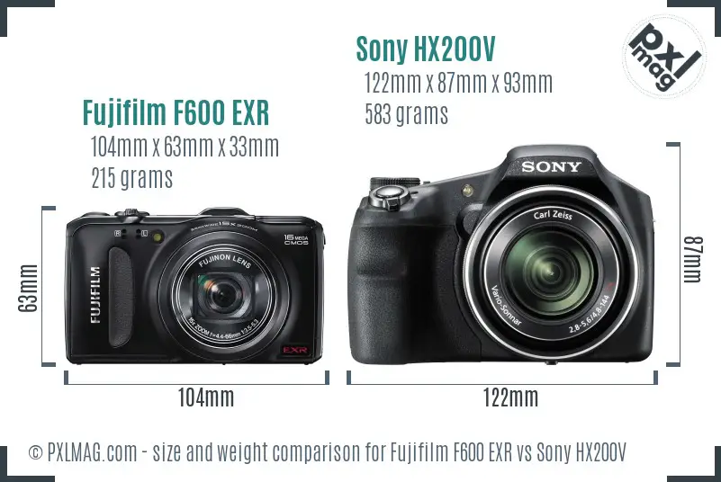Fujifilm F600 EXR vs Sony HX200V size comparison
