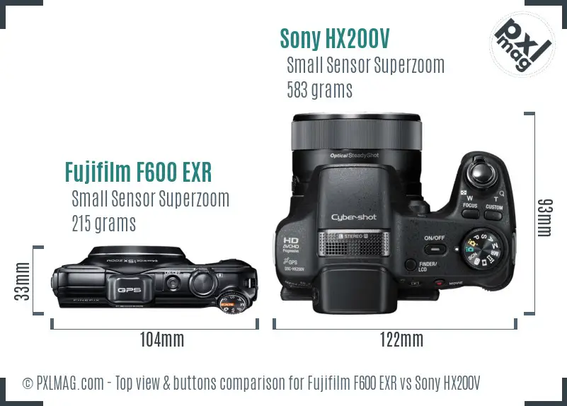 Fujifilm F600 EXR vs Sony HX200V top view buttons comparison