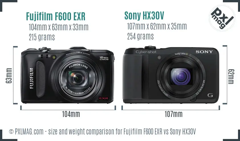 Fujifilm F600 EXR vs Sony HX30V size comparison