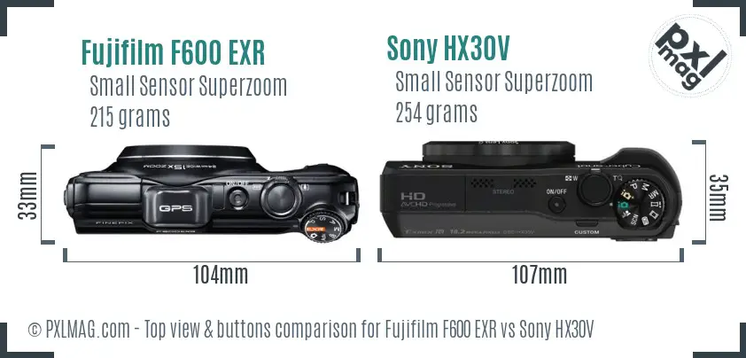 Fujifilm F600 EXR vs Sony HX30V top view buttons comparison