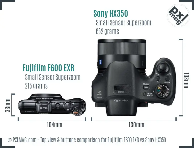 Fujifilm F600 EXR vs Sony HX350 top view buttons comparison