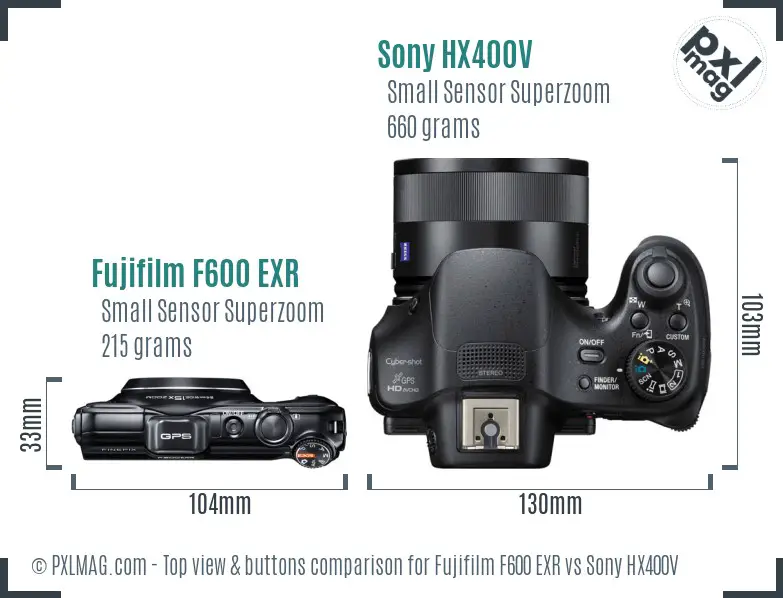 Fujifilm F600 EXR vs Sony HX400V top view buttons comparison Fujifilm F600 EXR vs Sony HX400V top view buttons comparison
