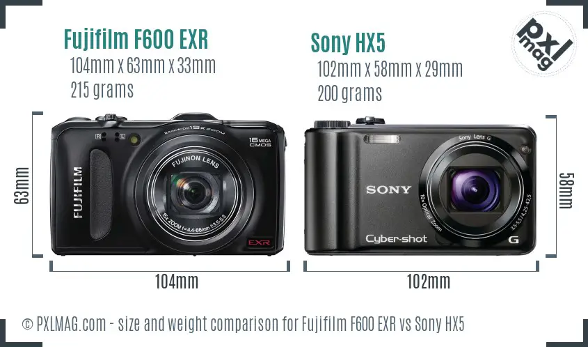 Fujifilm F600 EXR vs Sony HX5 size comparison