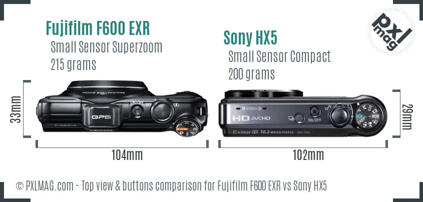 Fujifilm F600 EXR vs Sony HX5 top view buttons comparison