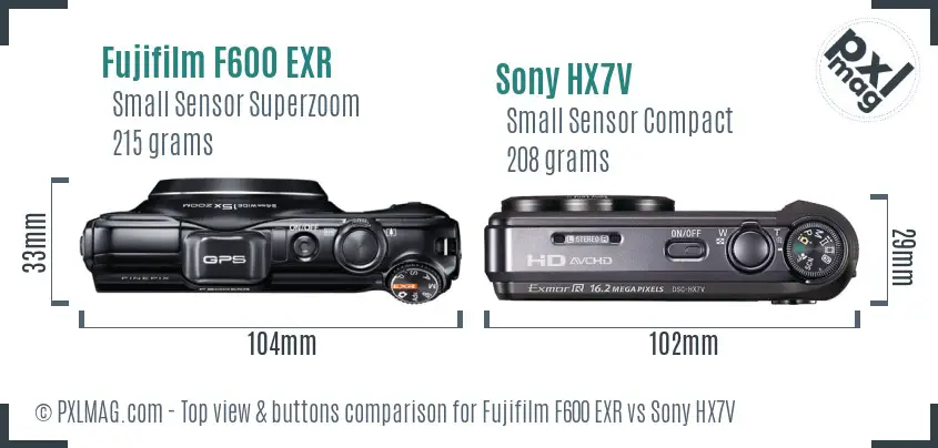 Fujifilm F600 EXR vs Sony HX7V top view buttons comparison