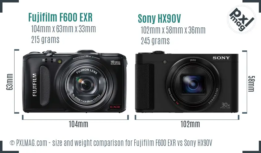 Fujifilm F600 EXR vs Sony HX90V size comparison