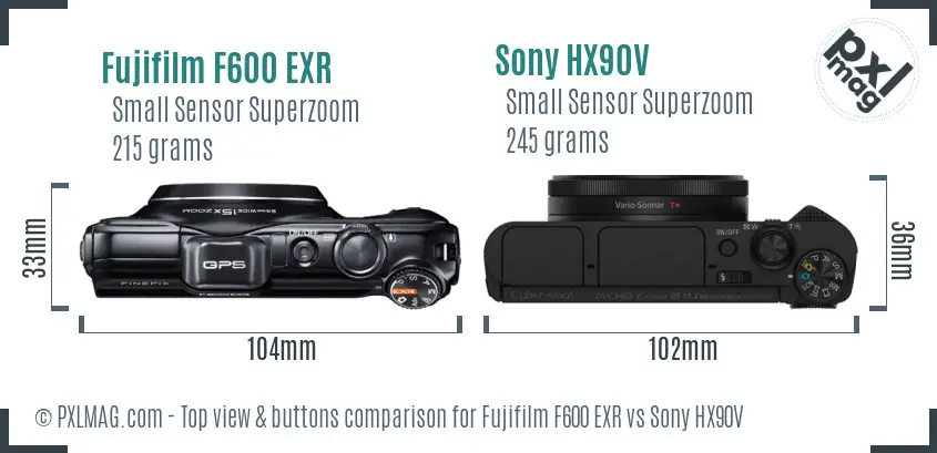 Fujifilm F600 EXR vs Sony HX90V top view buttons comparison