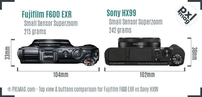 Fujifilm F600 EXR vs Sony HX99 top view buttons comparison