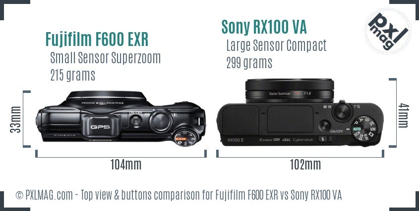 Fujifilm F600 EXR vs Sony RX100 VA top view buttons comparison