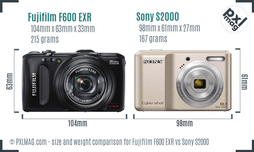 Fujifilm F600 EXR vs Sony S2000 size comparison