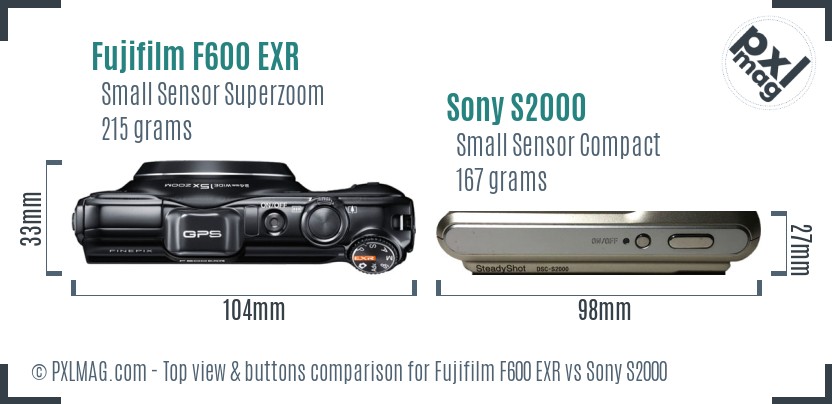 Fujifilm F600 EXR vs Sony S2000 top view buttons comparison