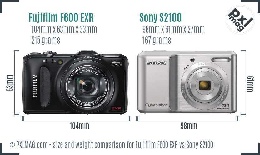 Fujifilm F600 EXR vs Sony S2100 size comparison
