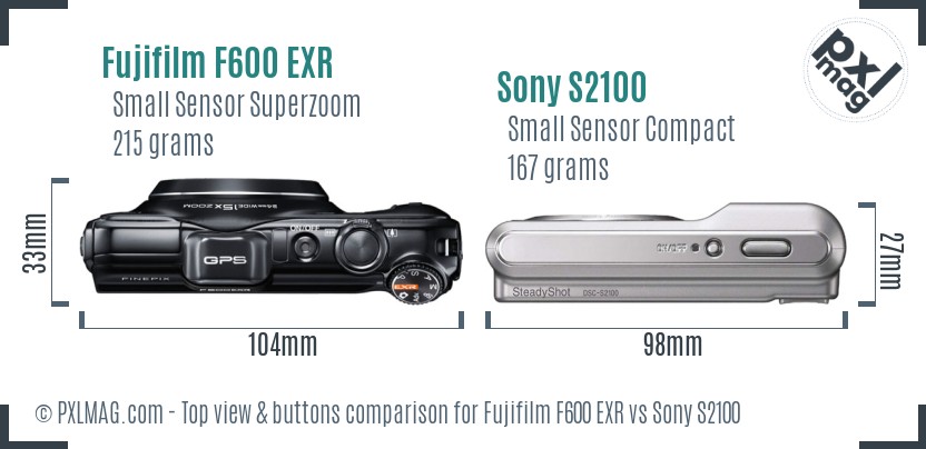 Fujifilm F600 EXR vs Sony S2100 top view buttons comparison