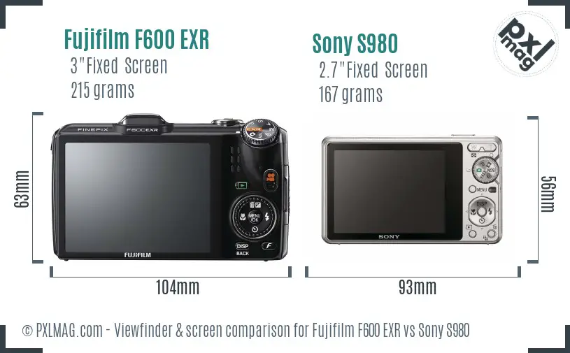 Fujifilm F600 EXR vs Sony S980 Screen and Viewfinder comparison