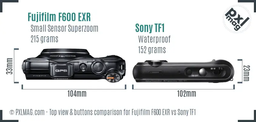Fujifilm F600 EXR vs Sony TF1 top view buttons comparison