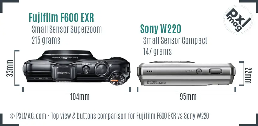 Fujifilm F600 EXR vs Sony W220 top view buttons comparison