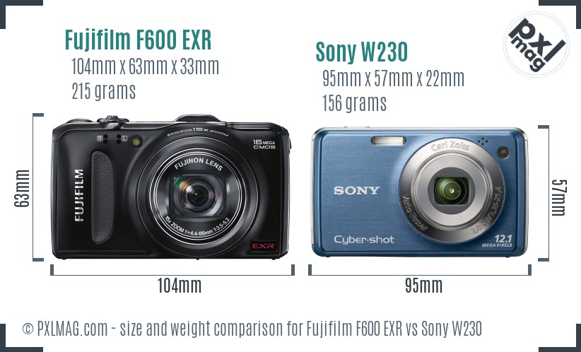 Fujifilm F600 EXR vs Sony W230 size comparison